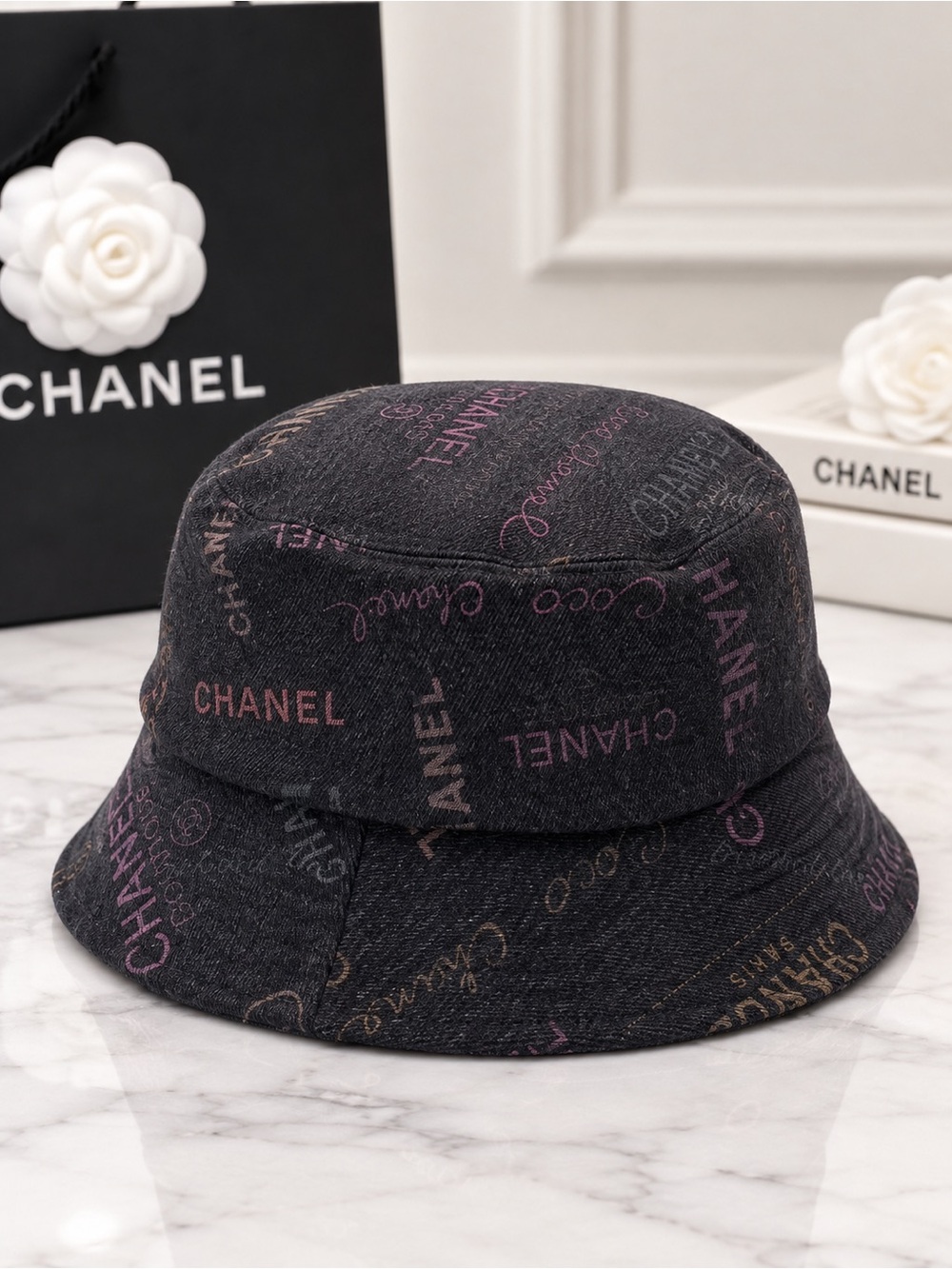 Authentic CHANEL 22P Multicolor Logo Black Denim Bucket Hat Medium M New